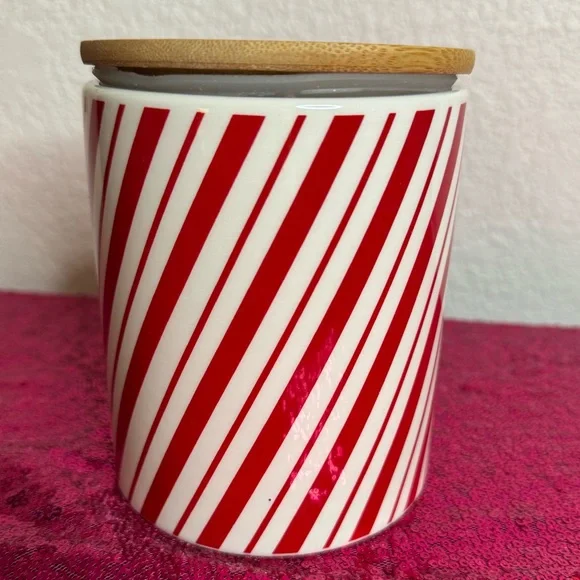 2/for $20 🪩 Peppermint, Candy Cane Striped Ceramic Cookie Jar, Wooden Lid - Picture 3 of 8